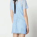 Light blue lace short-sleeve mini dress with neck tie detail — Sandro | Endless UAE