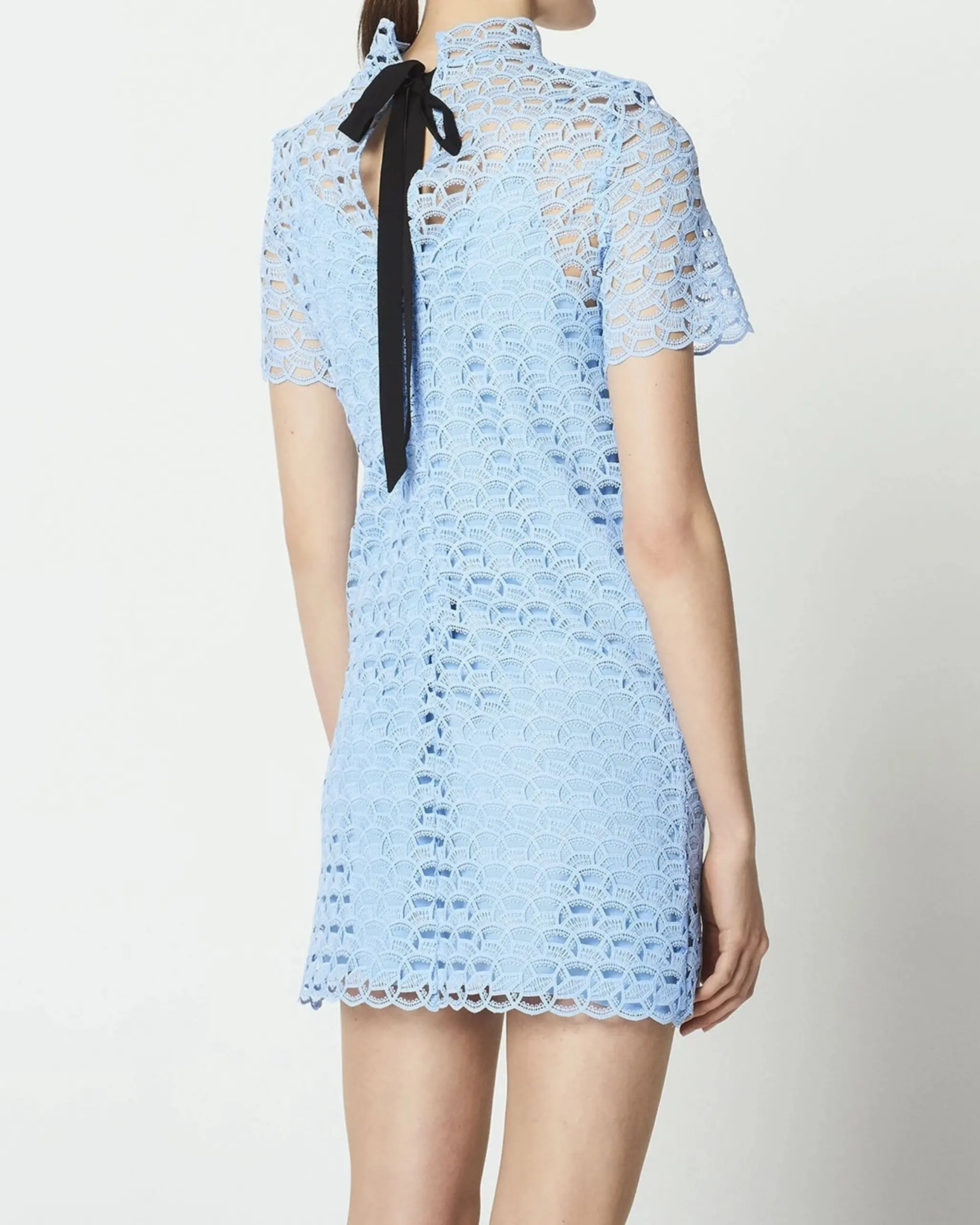 Light blue lace short-sleeve mini dress with neck tie detail — Sandro | Endless UAE