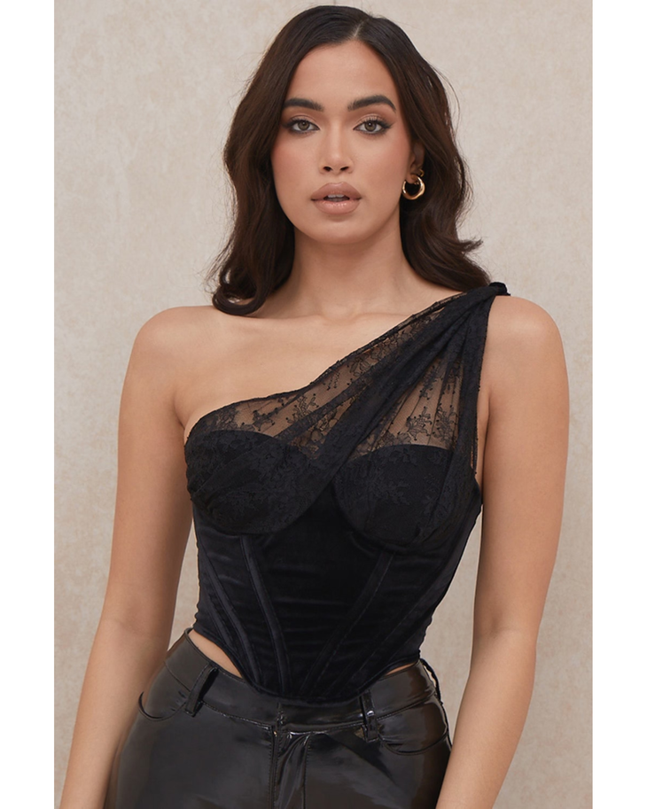 Issa Velvet Lace Corset in black with one-shoulder lace detail and cutout waist — House of CB | Endless UAE