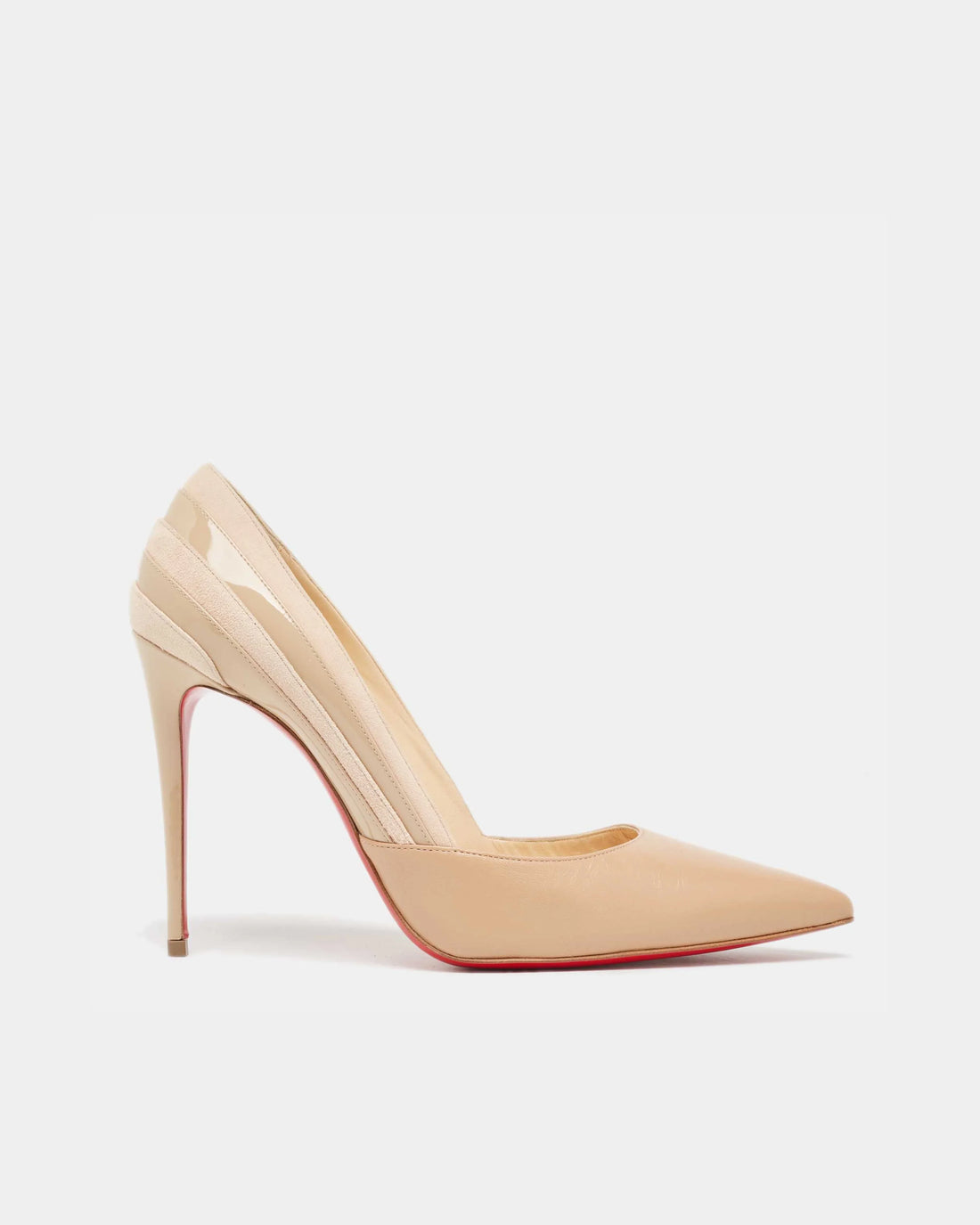 Nude patent leather pointed-toe pump with mesh panel detail and signature red sole stiletto heel — Christian Louboutin | Endless UAE