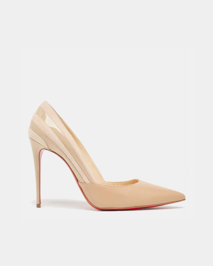 Nude patent leather pointed-toe pump with mesh panel detail and signature red sole stiletto heel — Christian Louboutin | Endless UAE