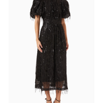 Black sequin midi dress with puff sleeves and fringed hem — Rotate Birger Christensen | Endless UAE
