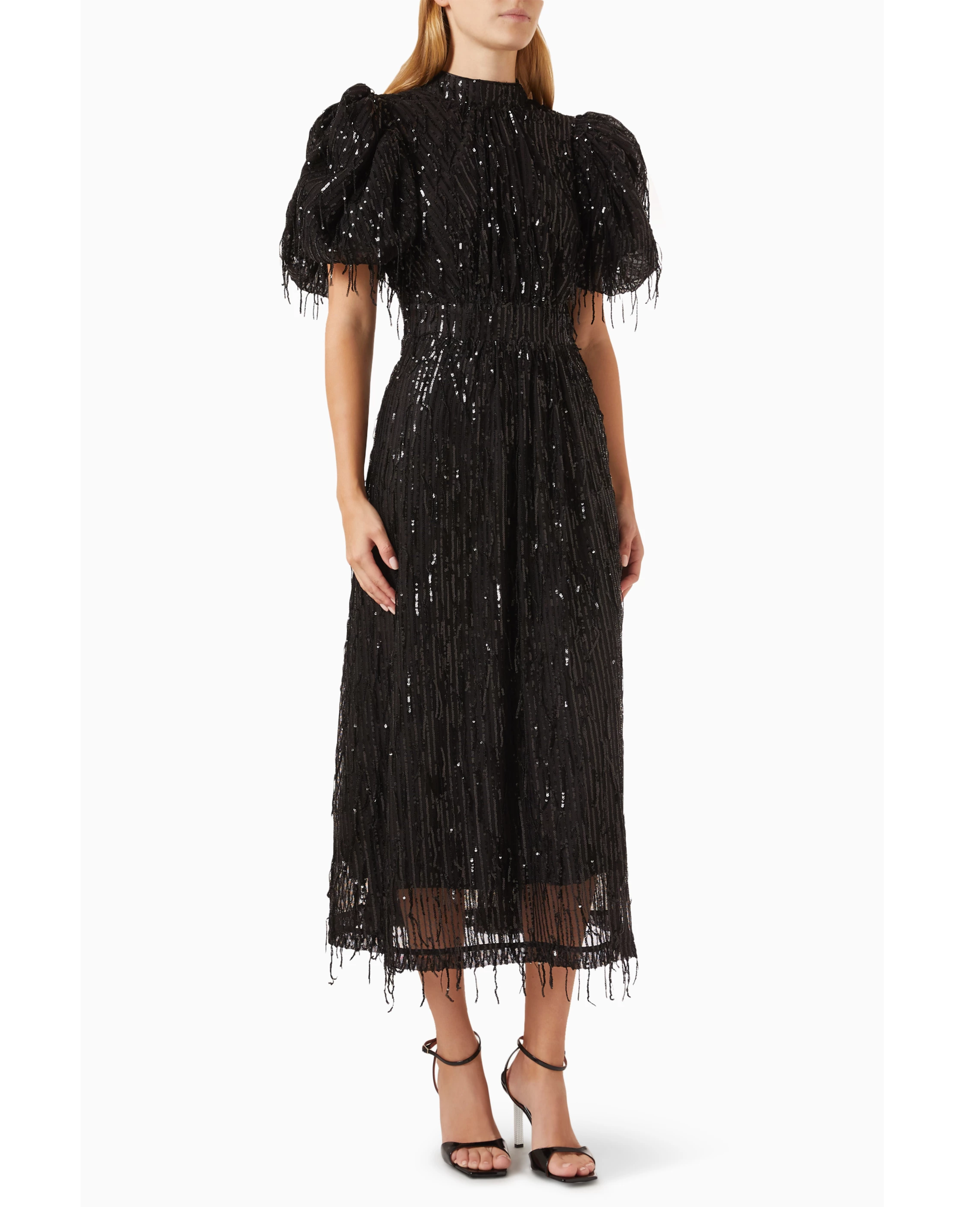 Black sequin midi dress with puff sleeves and fringed hem — Rotate Birger Christensen | Endless UAE