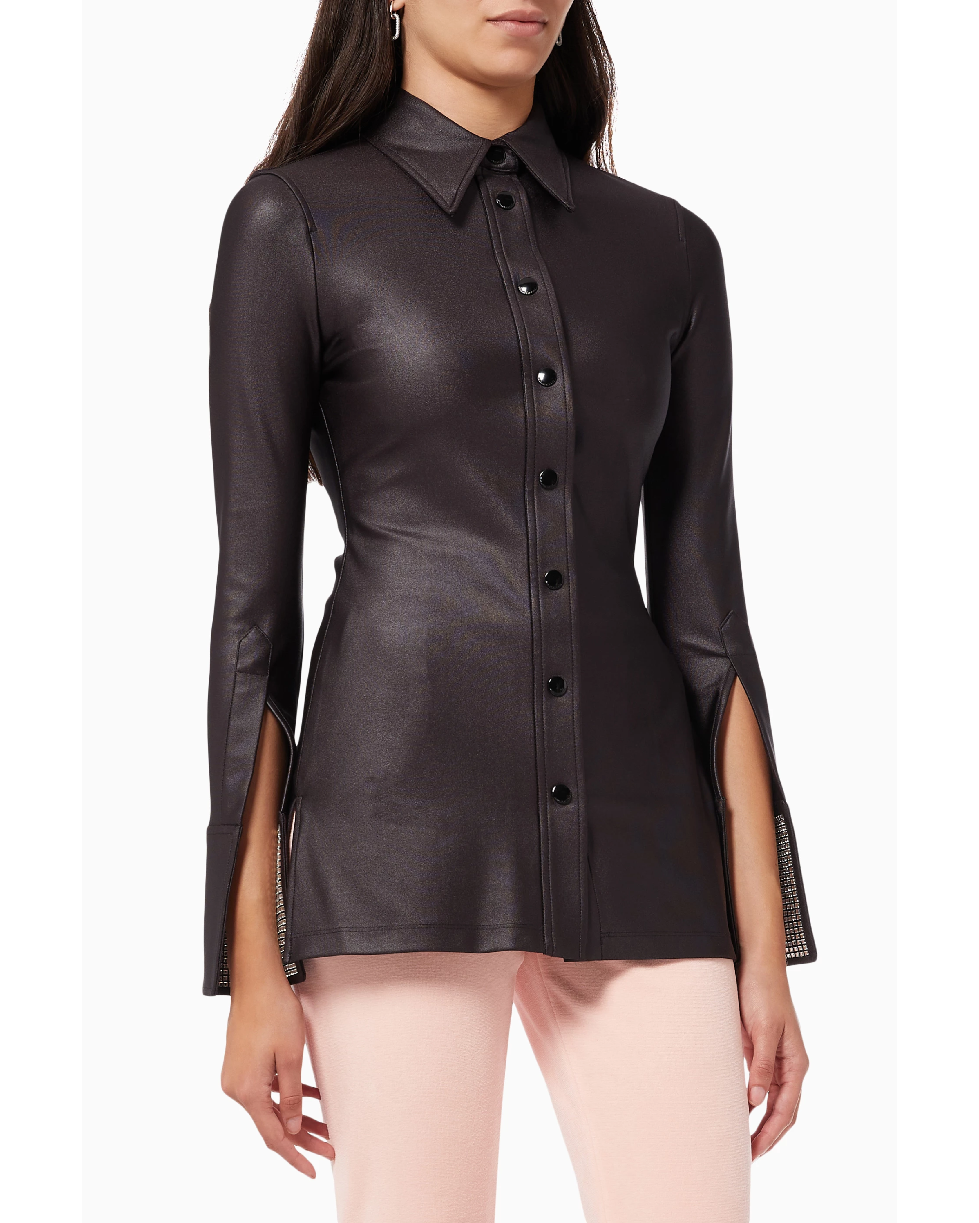 Black fitted shirt with crystal-embellished split cuffs and button-front closure — Alexander Wang | Endless UAE