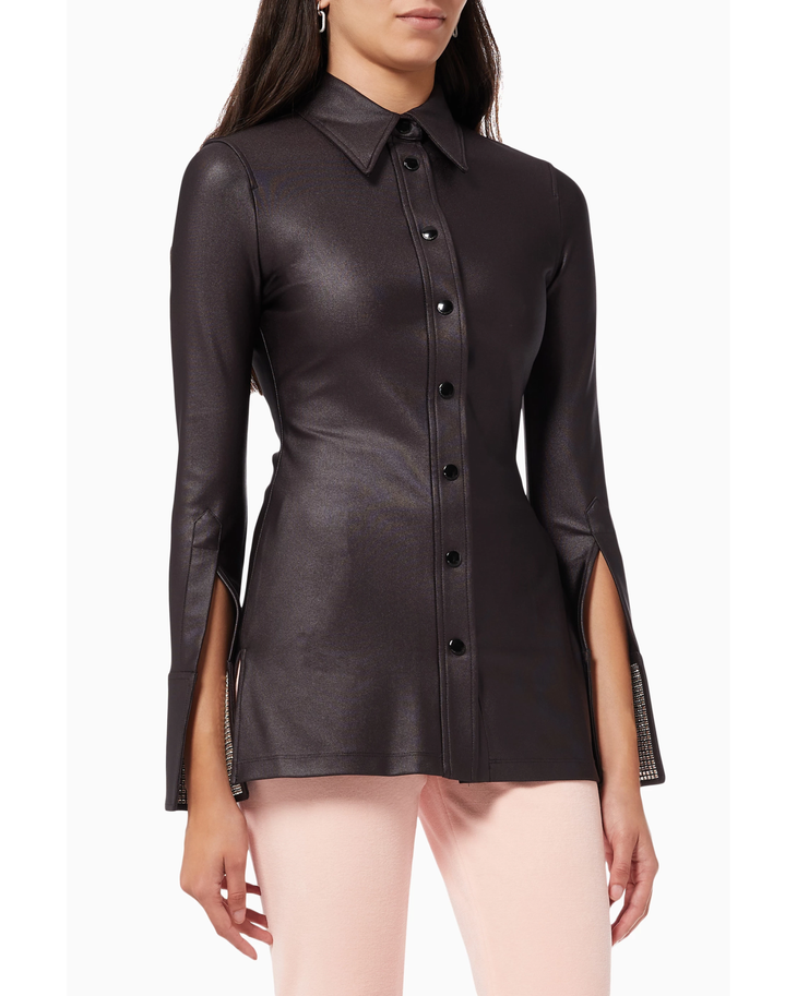 Black fitted shirt with crystal-embellished split cuffs and button-front closure — Alexander Wang | Endless UAE
