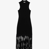 Black sleeveless midi dress with fringe hem detail — Sandro | Endless UAE