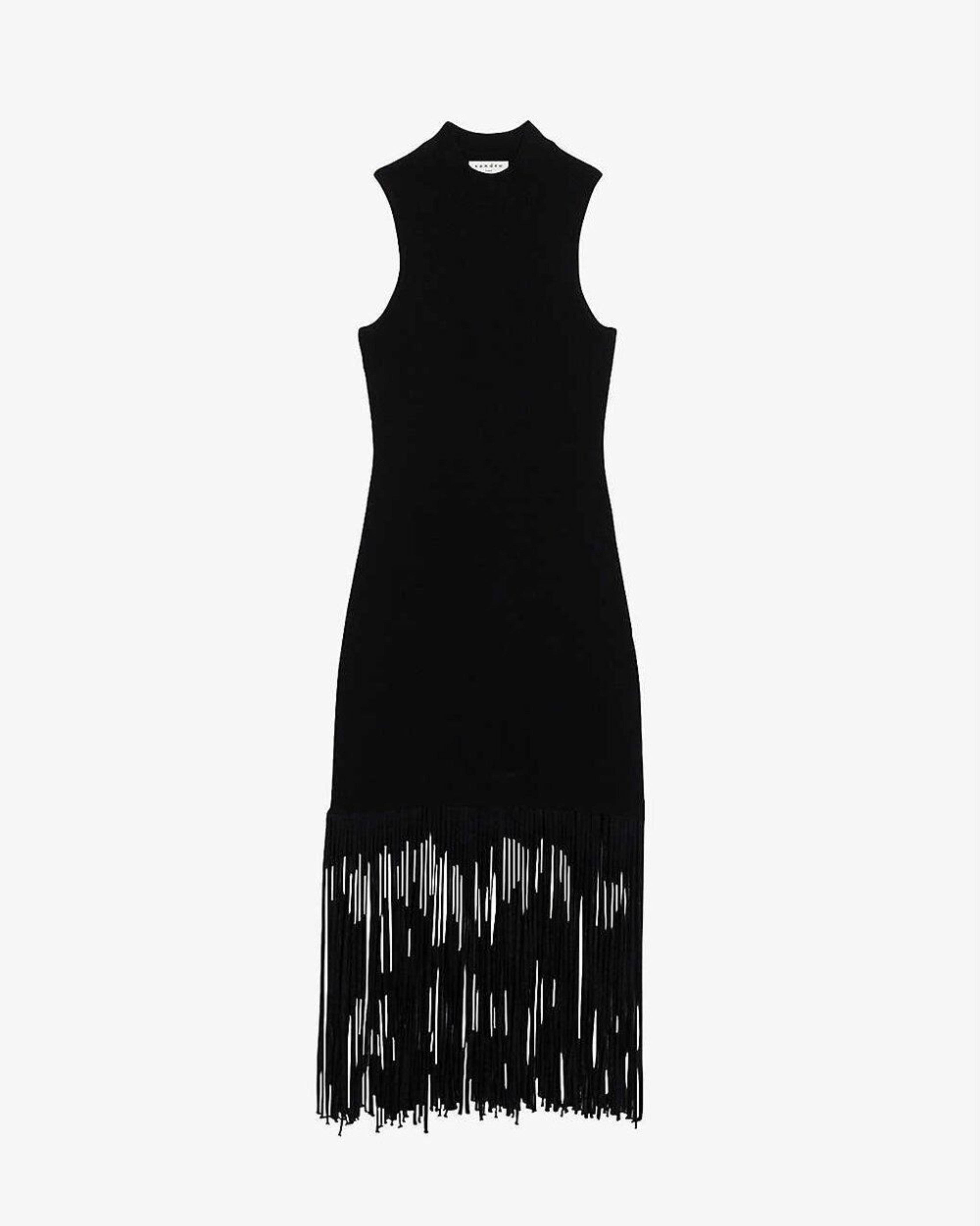 Black sleeveless midi dress with fringe hem detail — Sandro | Endless UAE