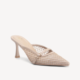 Beige mesh pointed-toe mules with buckle strap and curved heel — Cozy Island | Endless UAE
