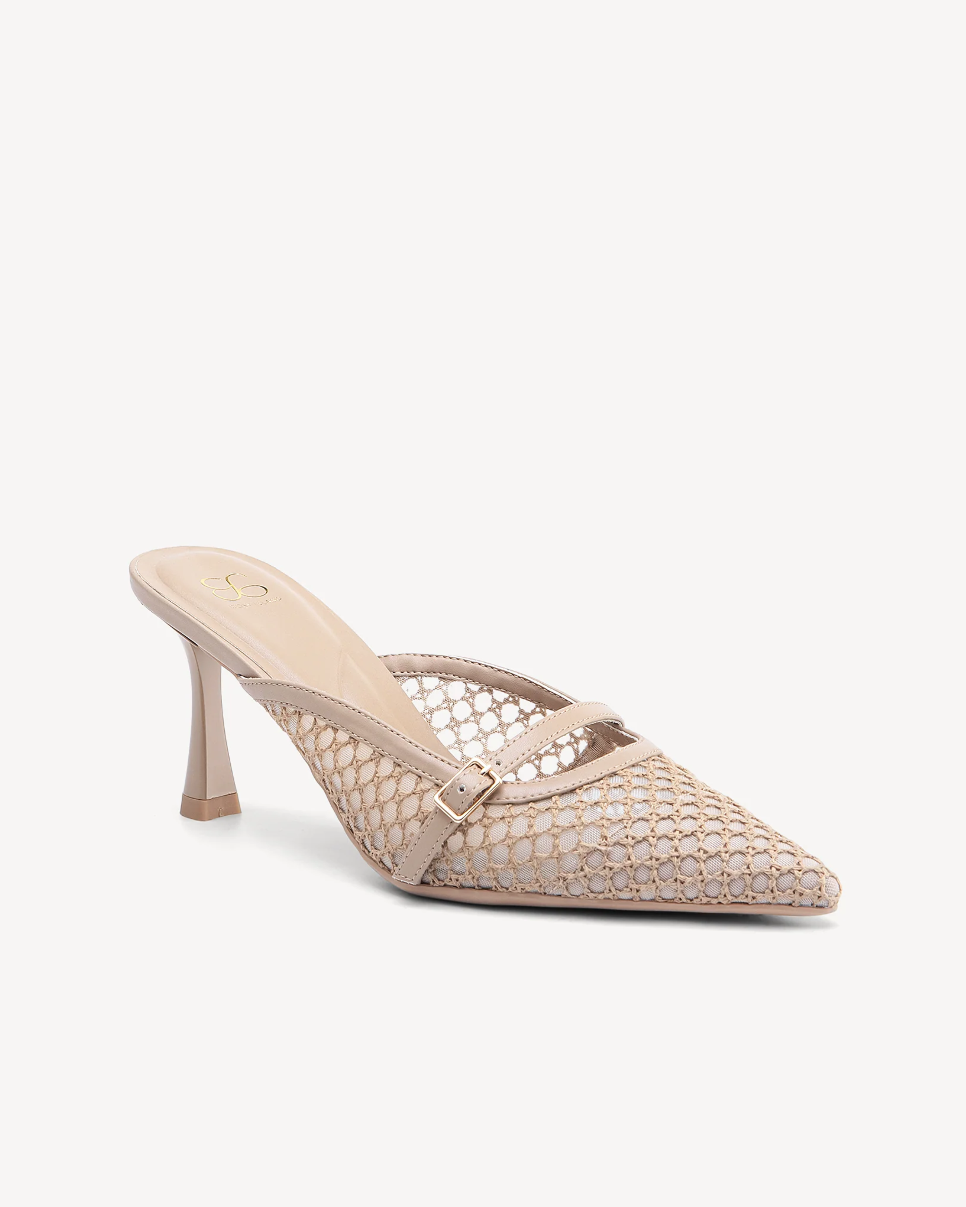 Beige mesh pointed-toe mules with buckle strap and curved heel — Cozy Island | Endless UAE