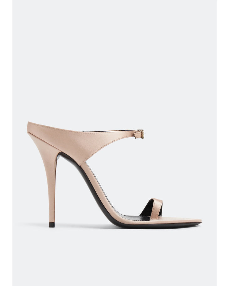 Beige satin high-heel mule sandals with thin toe strap and ankle buckle closure — Yves Saint Laurent | Endless UAE