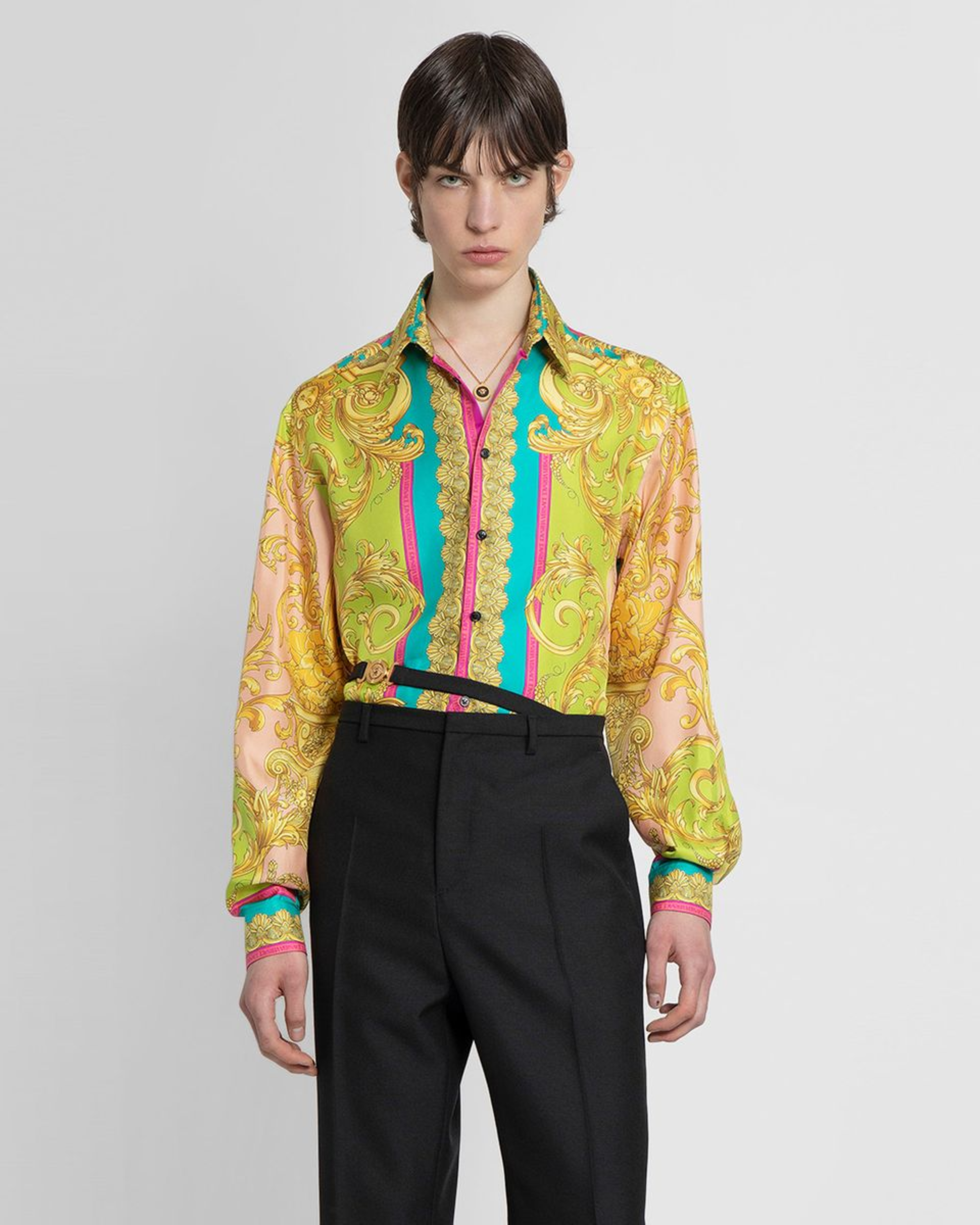 Woman wearing Barocco Goddess silk shirt in yellow with baroque print and colorful placket — Versace | Endless UAE