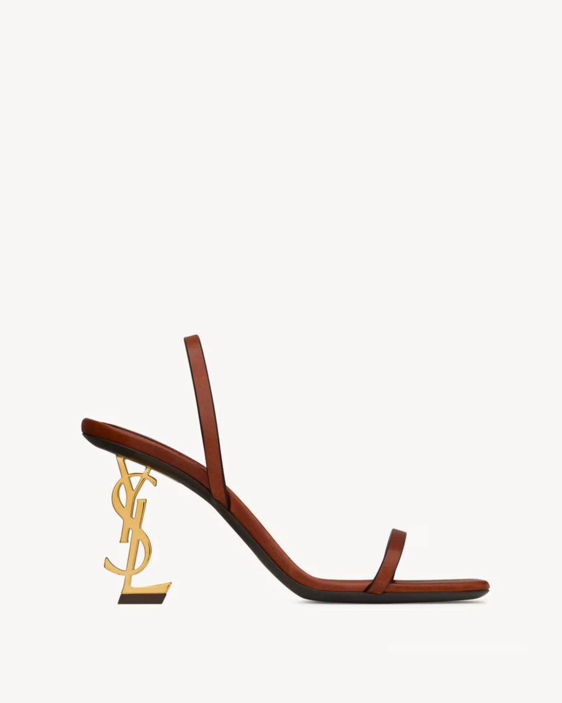 Brown leather slingback sandals with gold YSL logo heel and slim straps — Saint Laurent | Endless UAE