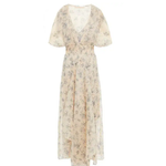 Cream midi dress with delicate floral print, V-neckline, puff sleeves, and shirred waist in lightweight crepon fabric — Maje | Endless UAE