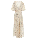 Cream midi dress with delicate floral print, V-neckline, puff sleeves, and shirred waist in lightweight crepon fabric — Maje | Endless UAE