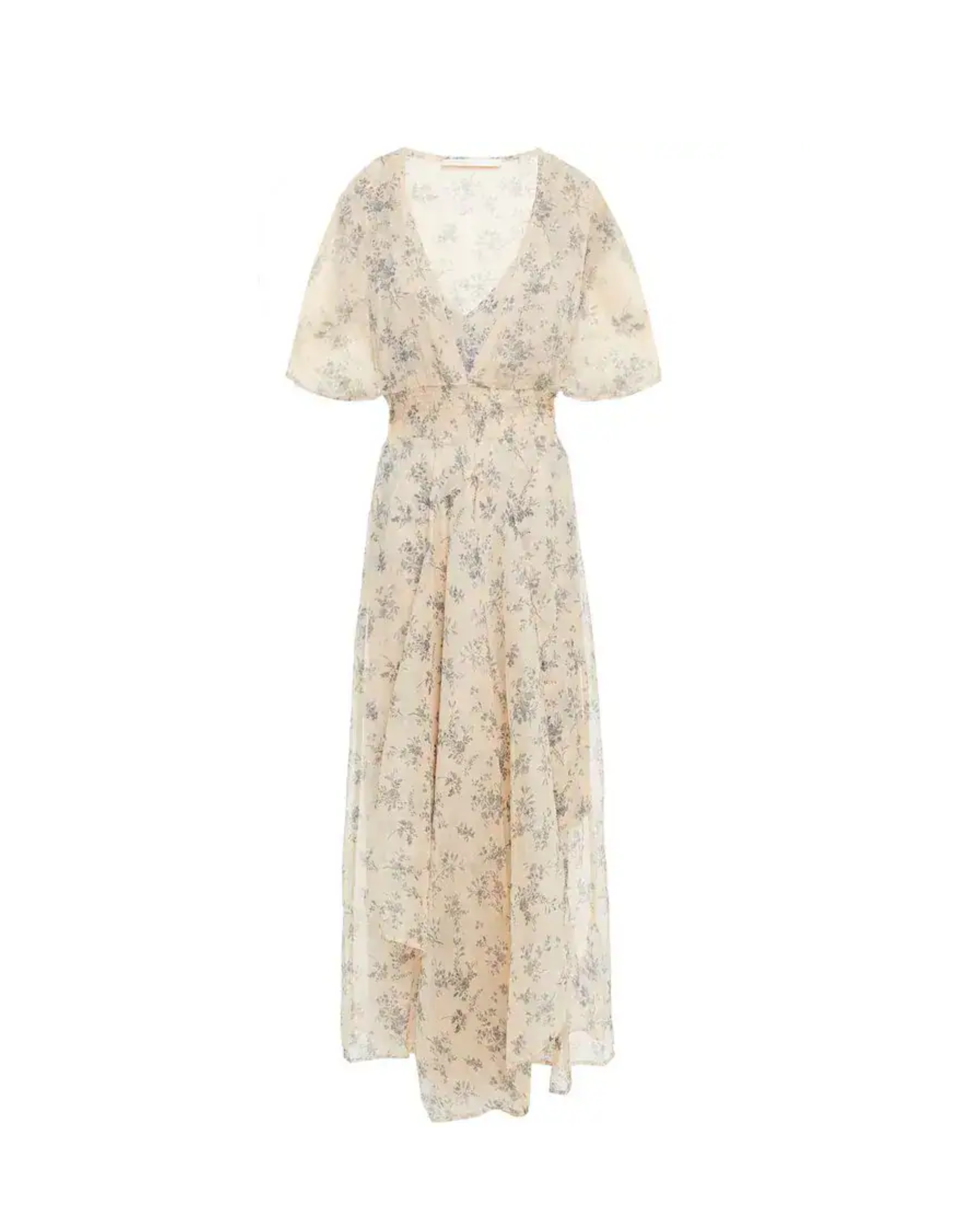 Cream midi dress with delicate floral print, V-neckline, puff sleeves, and shirred waist in lightweight crepon fabric — Maje | Endless UAE