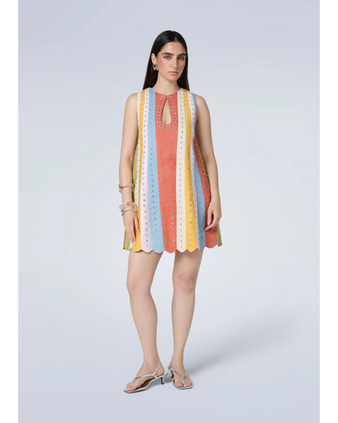Colorful striped Niji dress with scalloped hem and keyhole neckline — Mayka | Endless UAE