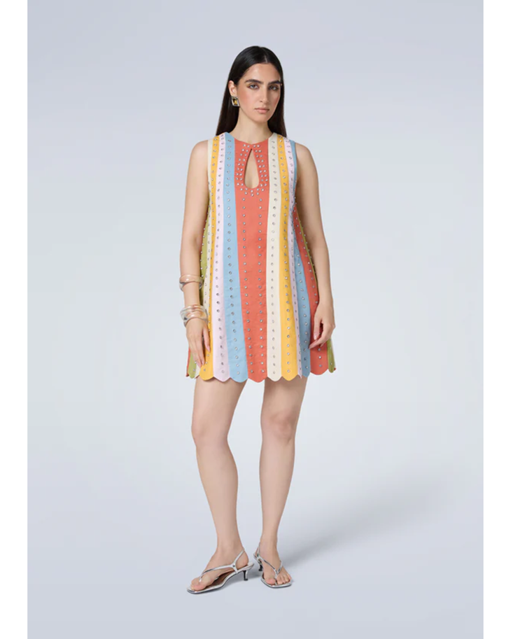 Colorful striped Niji dress with scalloped hem and keyhole neckline — Mayka | Endless UAE
