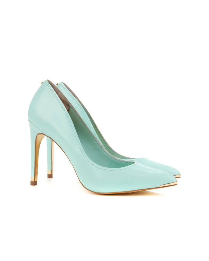 Thaya light blue pointed toe high heel with gold heel and toe cap detail — Ted Baker | Endless UAE