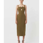 Olive green sleeveless midi dress with sweetheart neckline and keyhole cutout — Camilla & Marc | Endless UAE
