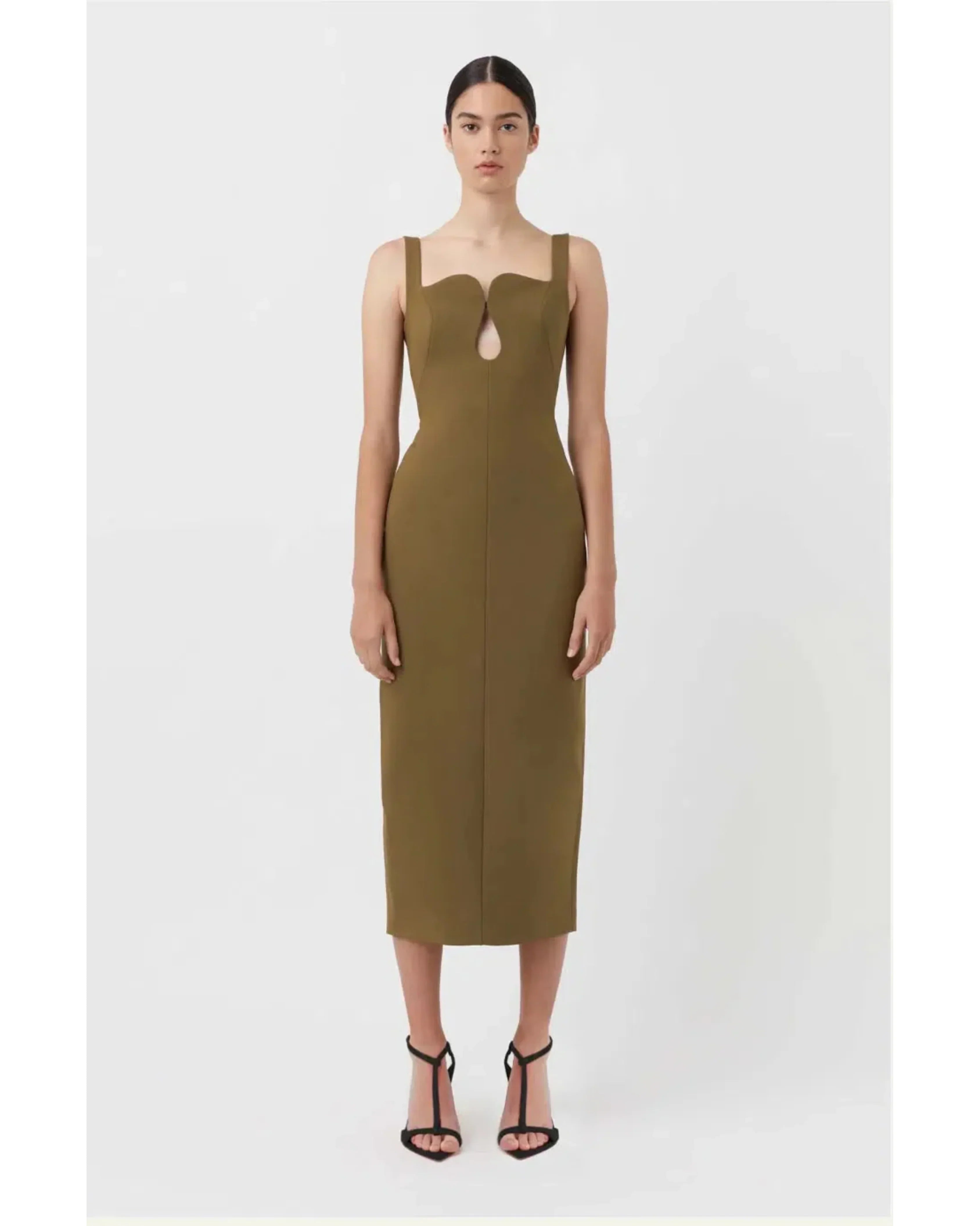 Olive green sleeveless midi dress with sweetheart neckline and keyhole cutout — Camilla & Marc | Endless UAE
