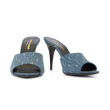 Blue denim monogram high heel mule sandals with peep toe and black stiletto heel — Yves Saint Laurent | Endless UAE