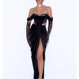 Elegant black velvet off-shoulder gown with lace corset detail and high slit — Miss Circle | Endless UAE