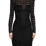 Elegant black Balmain bodycon mini dress with geometric lace overlay on sleeves and shoulders, featuring mock neckline — Balmain | Endless UAE