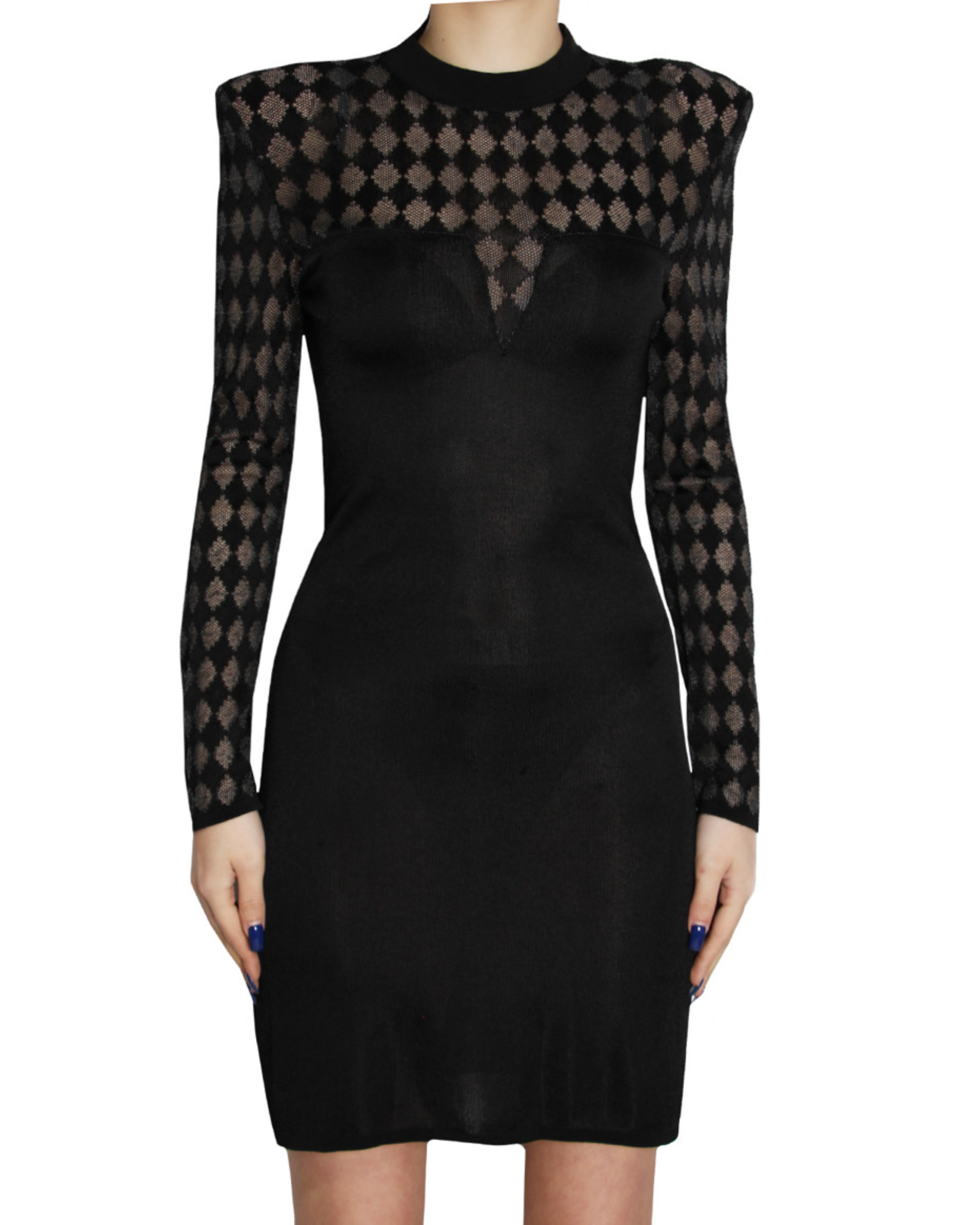 Elegant black Balmain bodycon mini dress with geometric lace overlay on sleeves and shoulders, featuring mock neckline — Balmain | Endless UAE