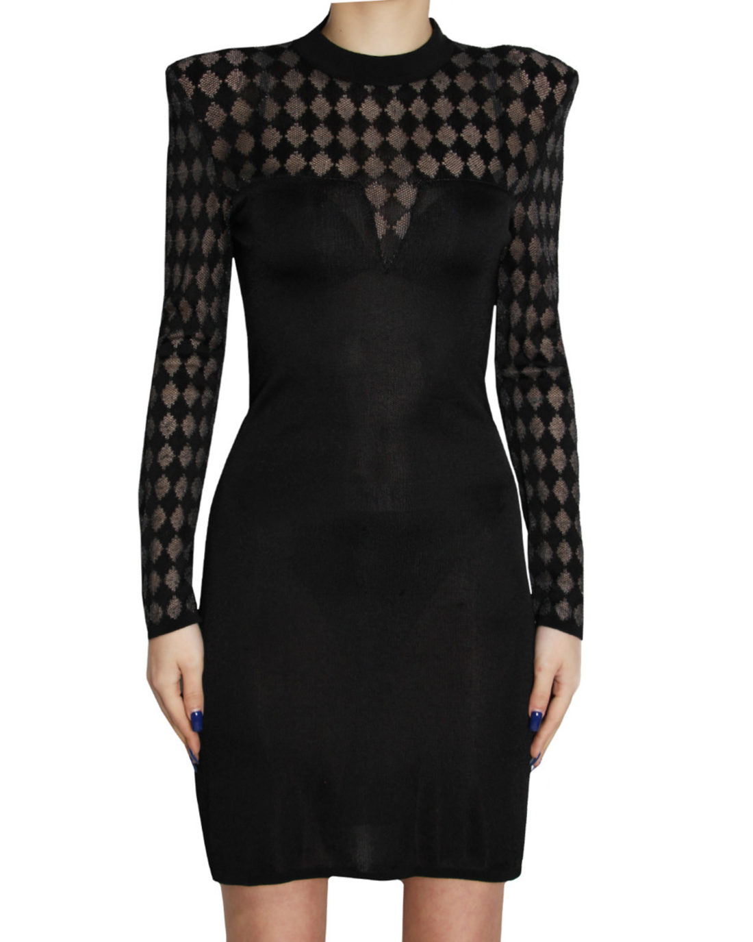 Elegant black Balmain bodycon mini dress with geometric lace overlay on sleeves and shoulders, featuring mock neckline — Balmain | Endless UAE
