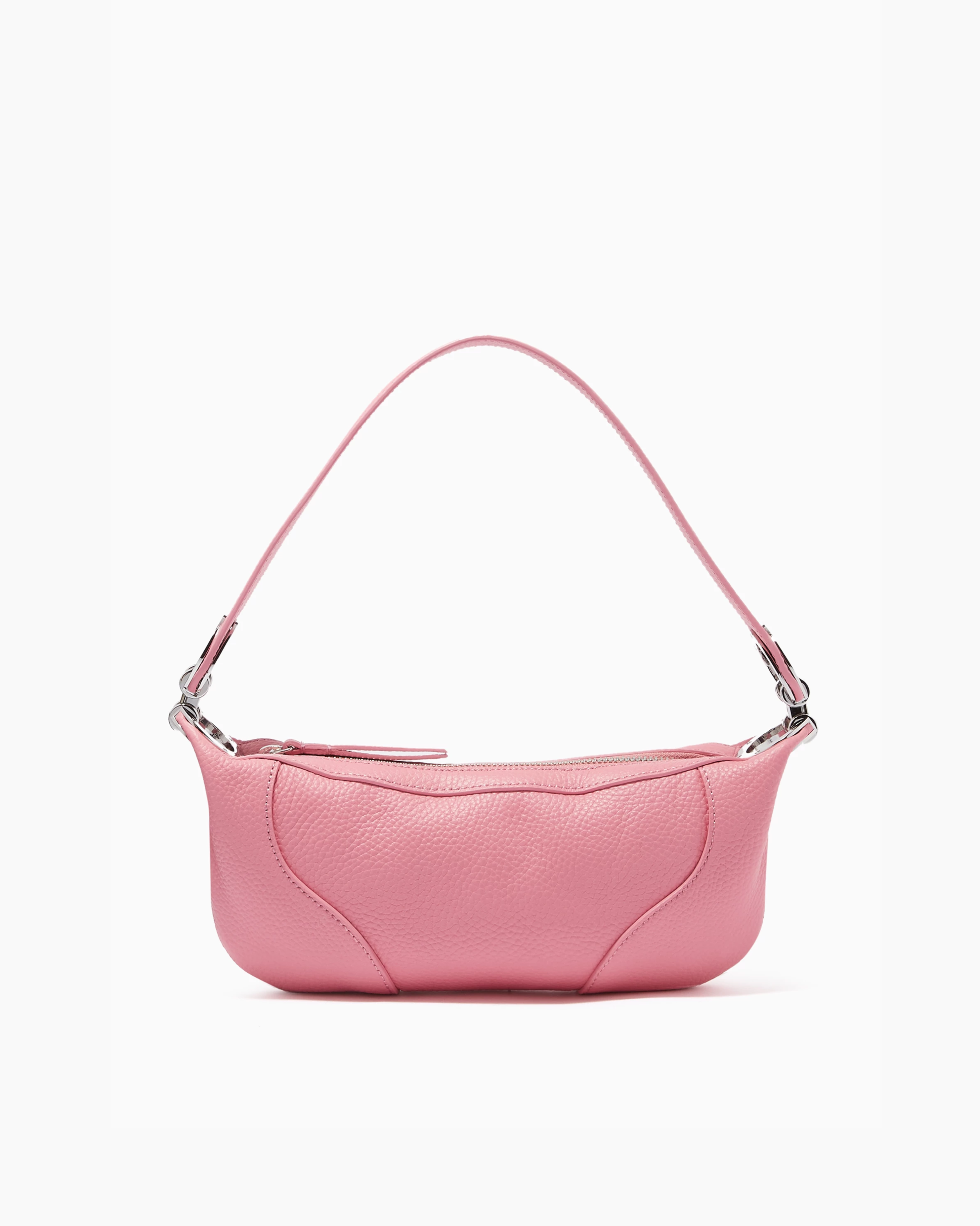 Pink leather mini shoulder bag with dual handles displayed against neutral background — By Far | Endless UAE