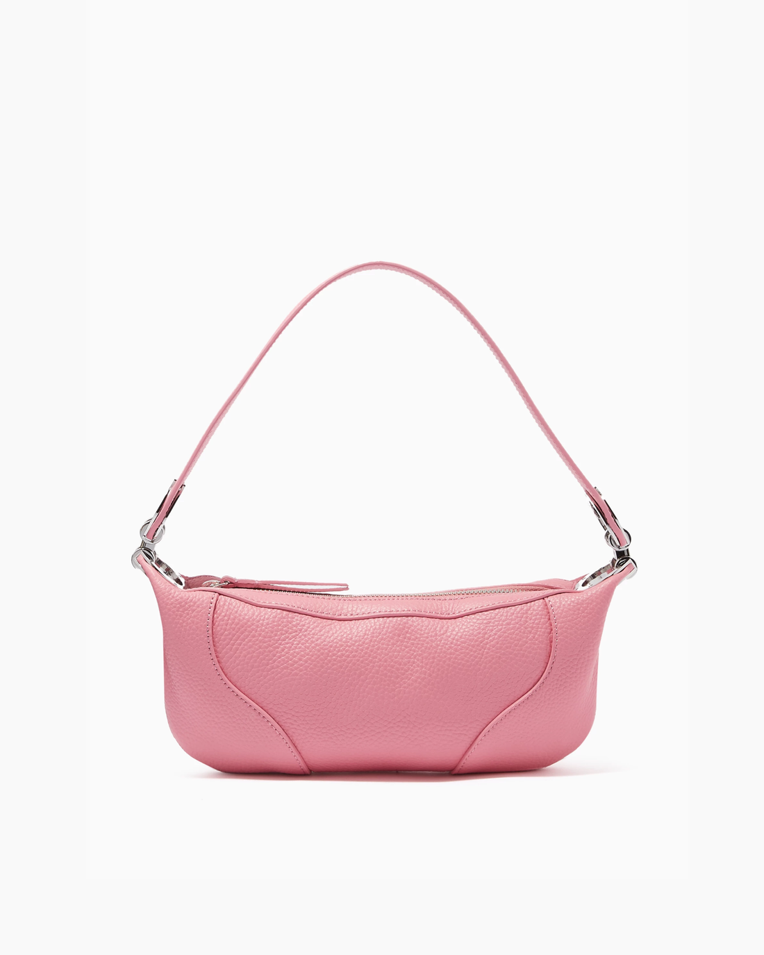 Pink leather mini shoulder bag with dual handles displayed against neutral background — By Far | Endless UAE