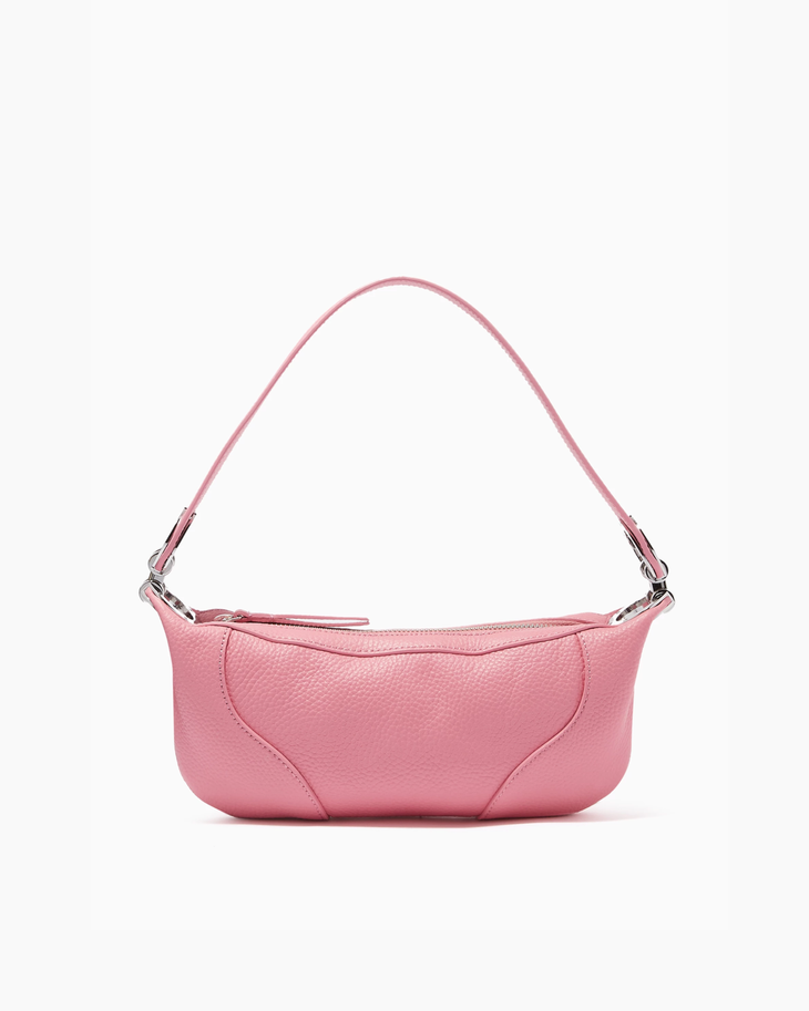 Pink leather mini shoulder bag with dual handles displayed against neutral background — By Far | Endless UAE