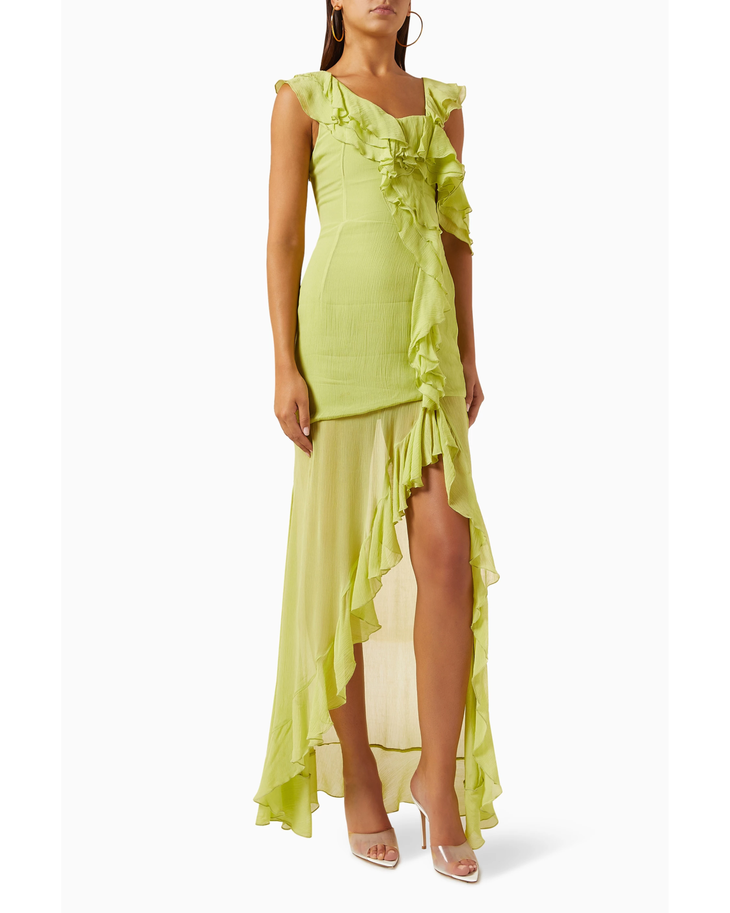 Lime green maxi dress with ruffled asymmetric neckline and high-low hem silhouette — De La Vali | Endless UAE