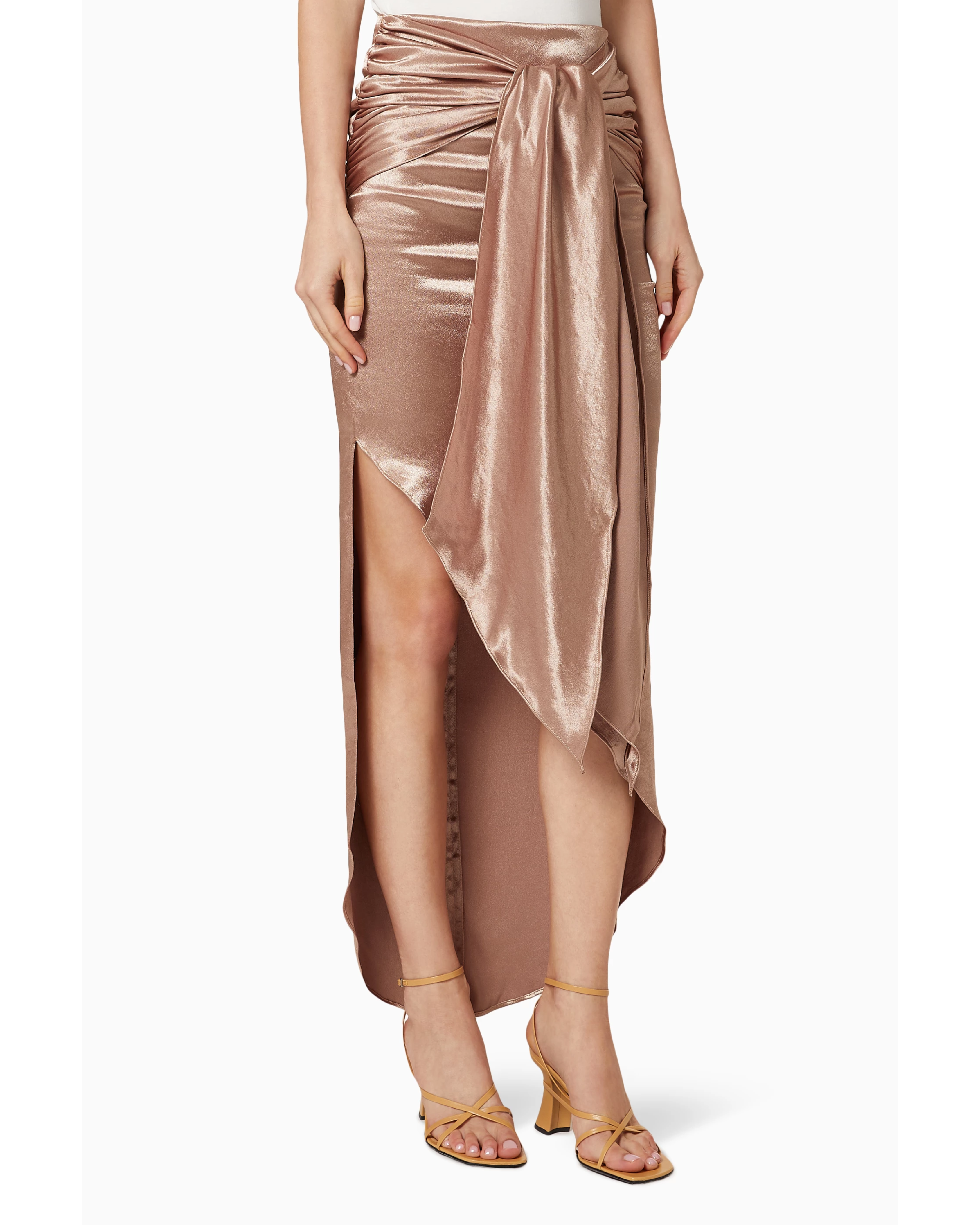 Rose gold velour wrap skirt with ruched detailing styled with white top — No Pise La Grama | Endless UAE