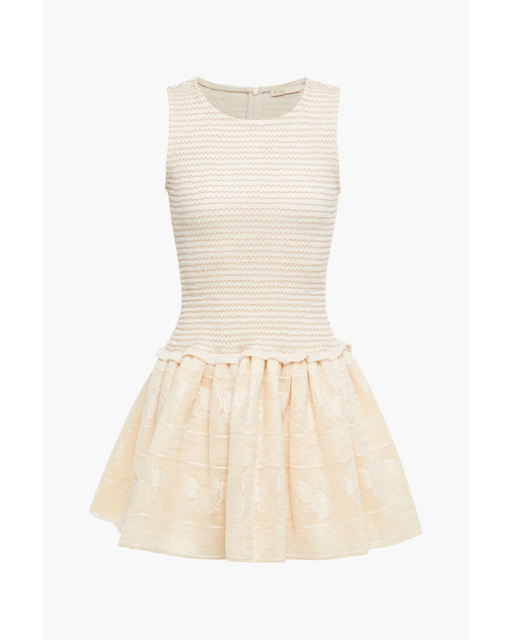 Cream textured sleeveless dress with lace-paneled gathered skirt — Maje | Endless UAE