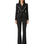 Black tailored double-breasted blazer with gold buttons and matching flared pants suit set — Elisabetta Franchi | Endless UAE
