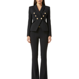 Black tailored double-breasted blazer with gold buttons and matching flared pants suit set — Elisabetta Franchi | Endless UAE