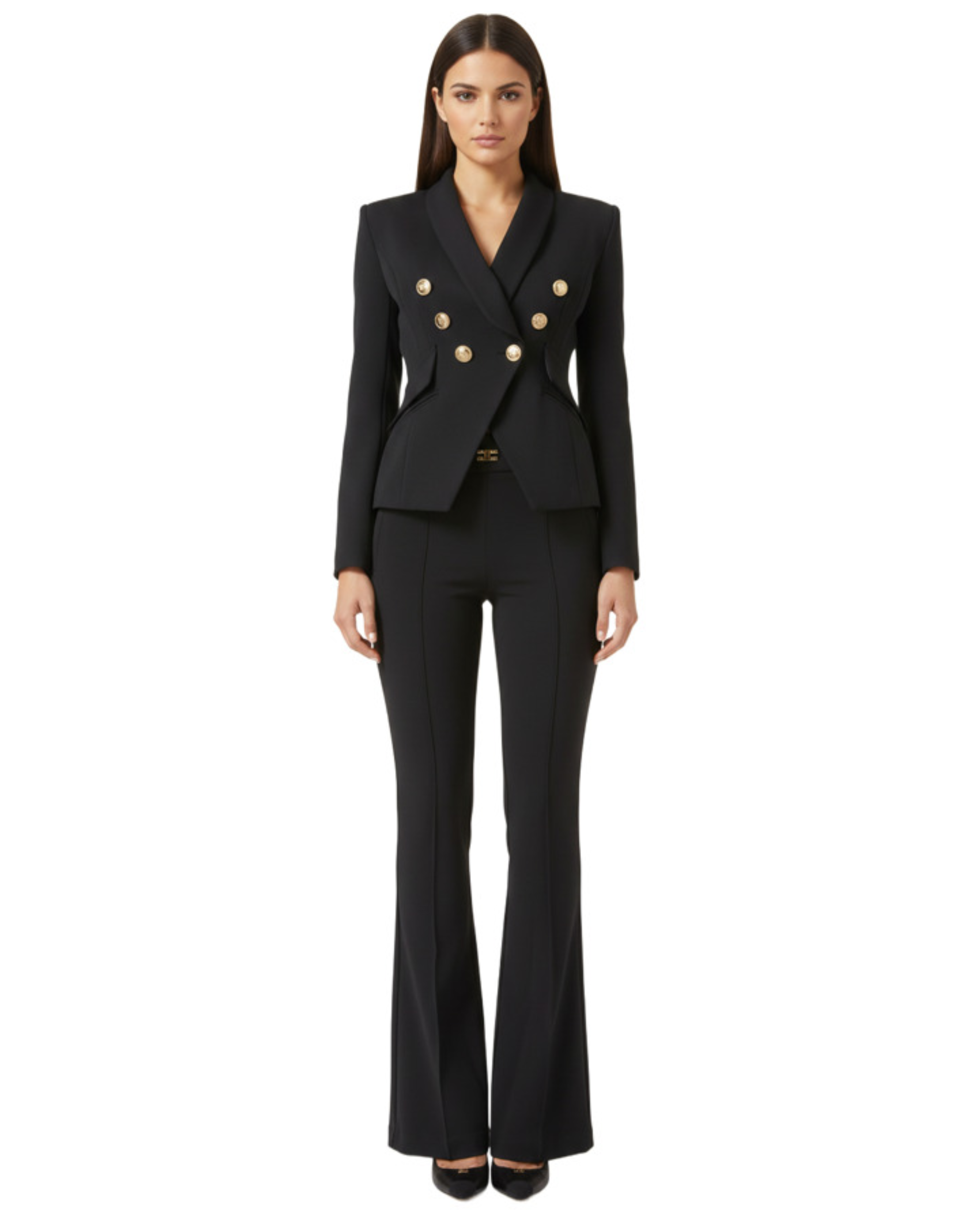 Black tailored double-breasted blazer with gold buttons and matching flared pants suit set — Elisabetta Franchi | Endless UAE