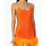 Orange sequin mini dress with feather trim hem and thin straps — Leslie Amon | Endless UAE