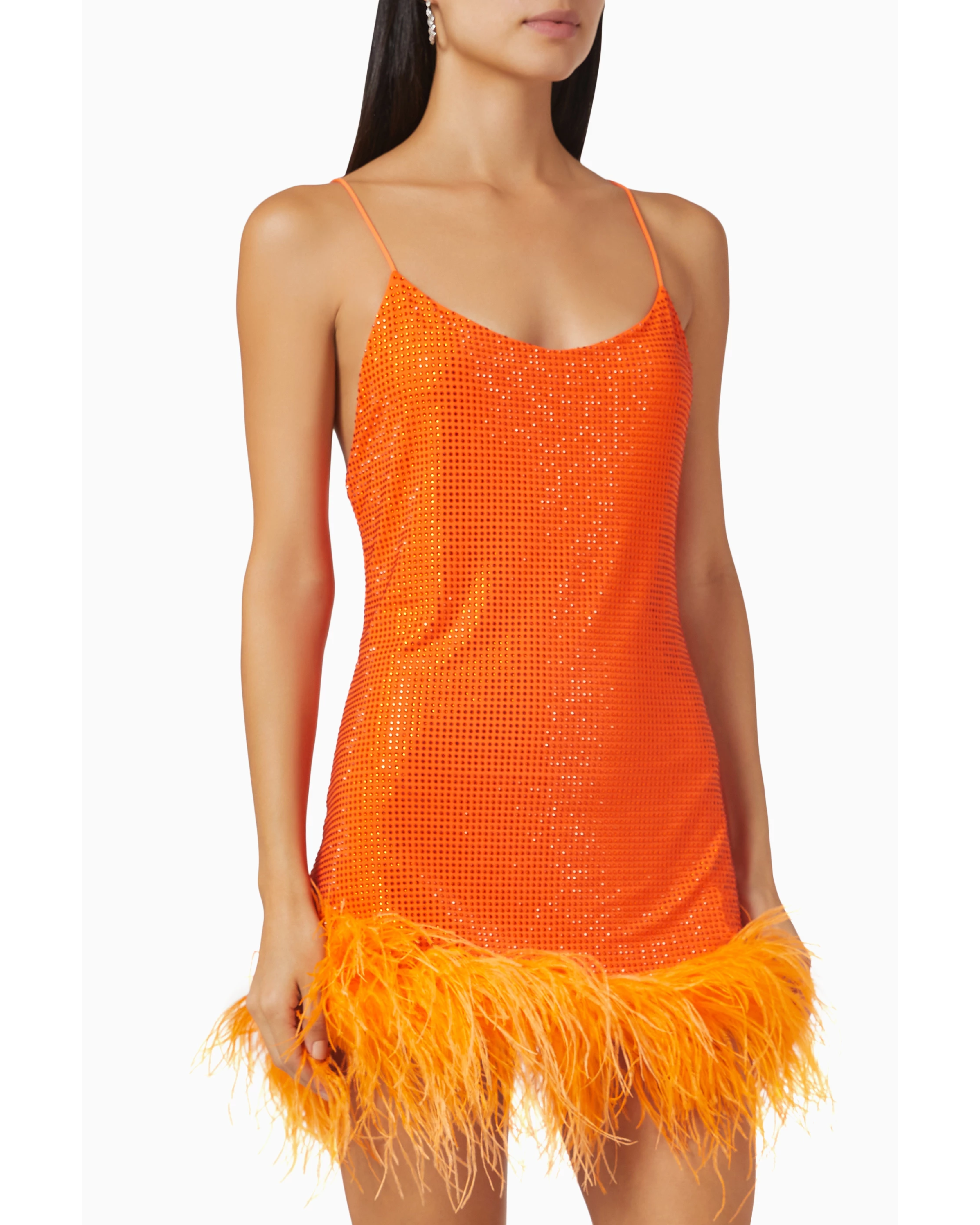 Orange sequin mini dress with feather trim hem and thin straps — Leslie Amon | Endless UAE
