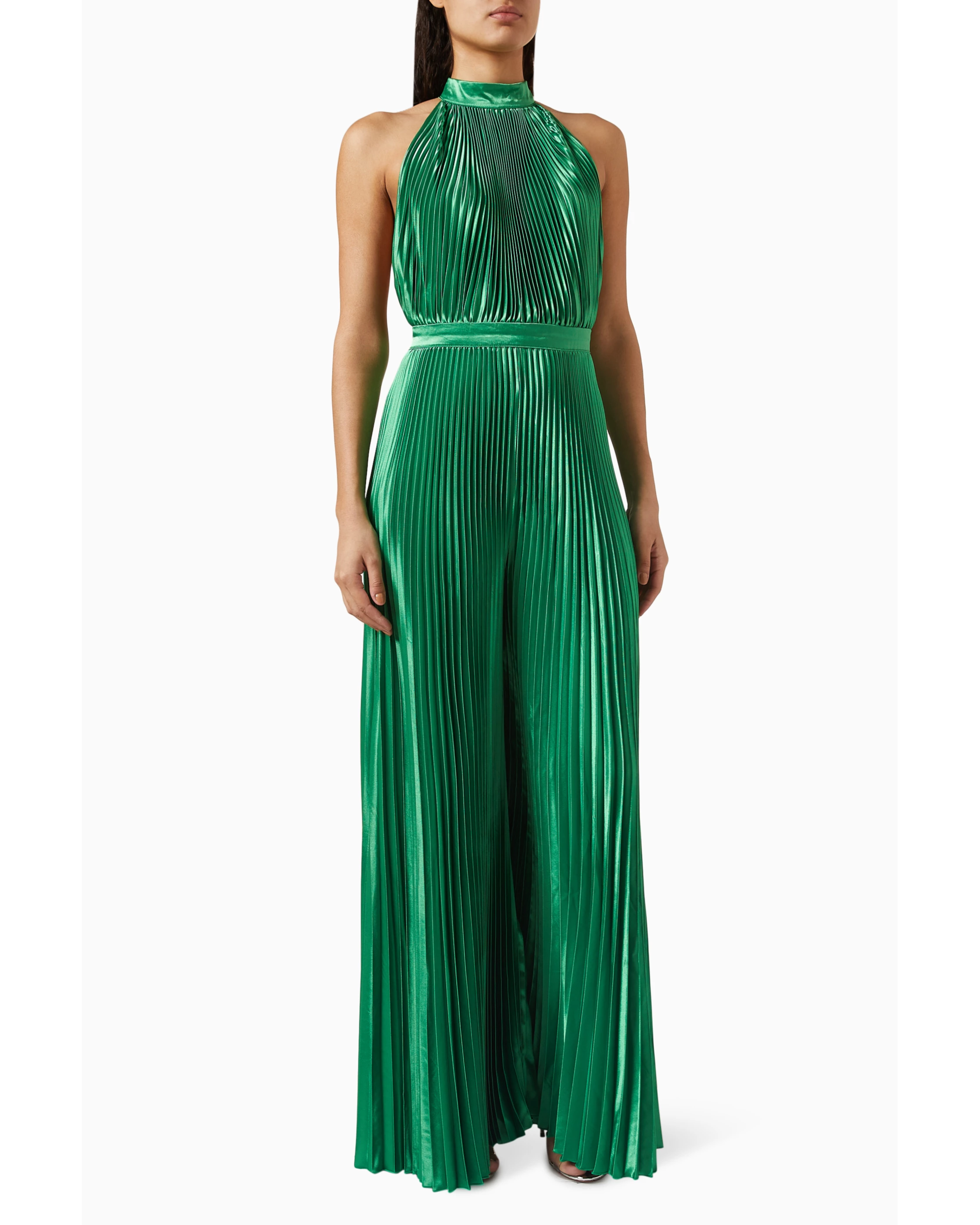 Green pleated halter jumpsuit with low back design — L'IDÉE | Endless UAE