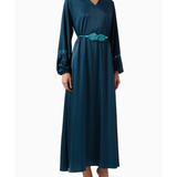 Teal long sleeve kaftan dress with embroidered belt and sleeve details on model — Nass | Endless UAE