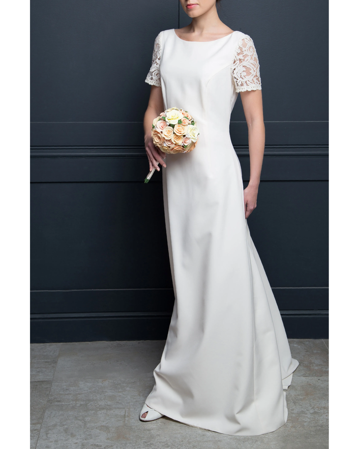 A-line wedding dress with lace sleeves and flowing train — Dressarte Paris | Endless UAE