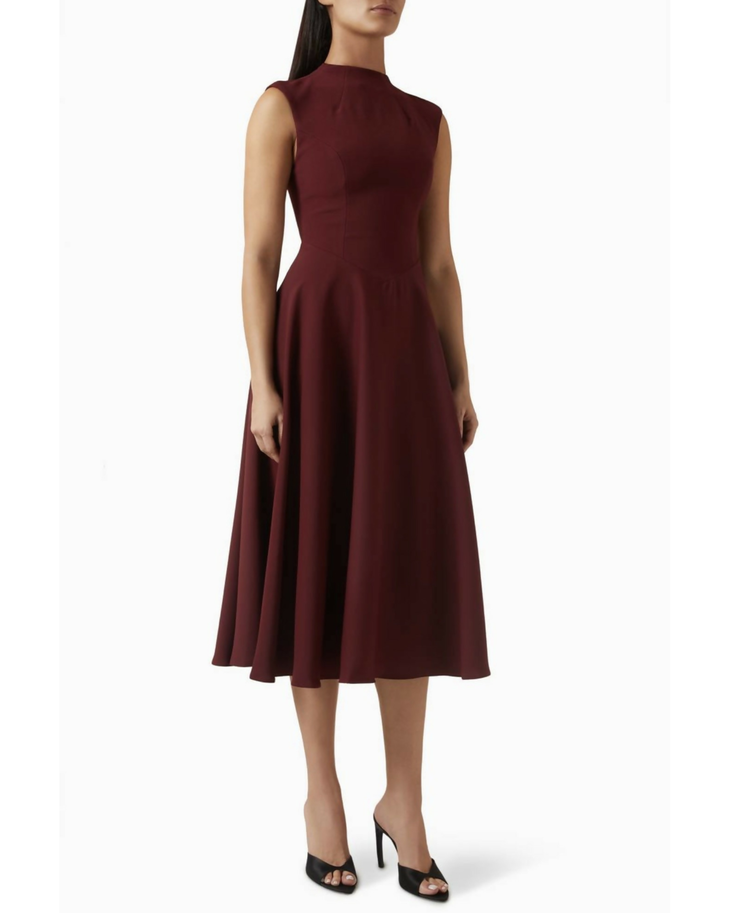 Burgundy sleeveless fit and flare midi dress with high neckline and flowing A-line skirt — Odd Muse | Endless UAE