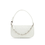 White quilted mini shoulder bag with silver hardware held up against neutral background — By Far | Endless UAE