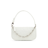 White quilted mini shoulder bag with silver hardware held up against neutral background — By Far | Endless UAE