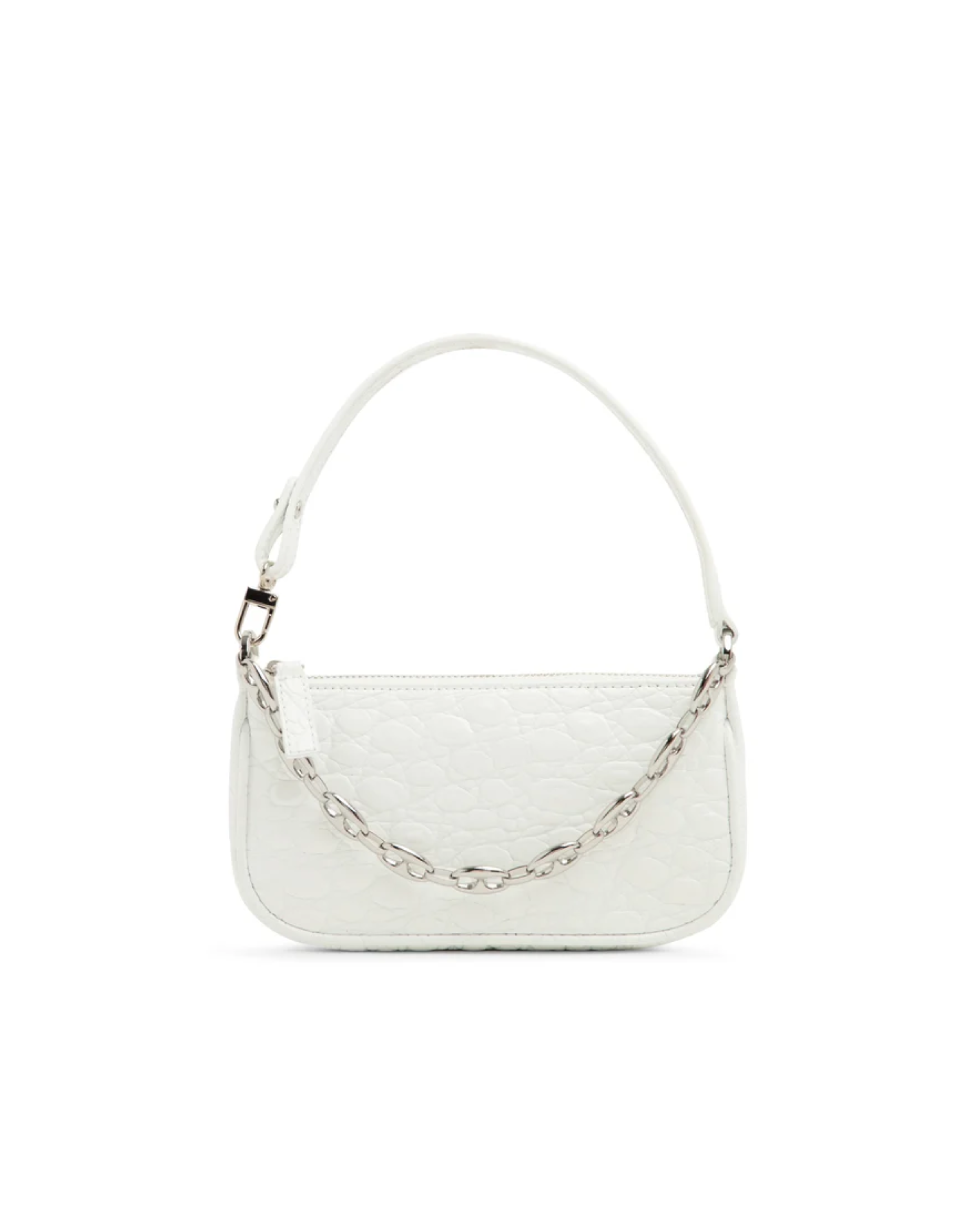 White quilted mini shoulder bag with silver hardware held up against neutral background — By Far | Endless UAE