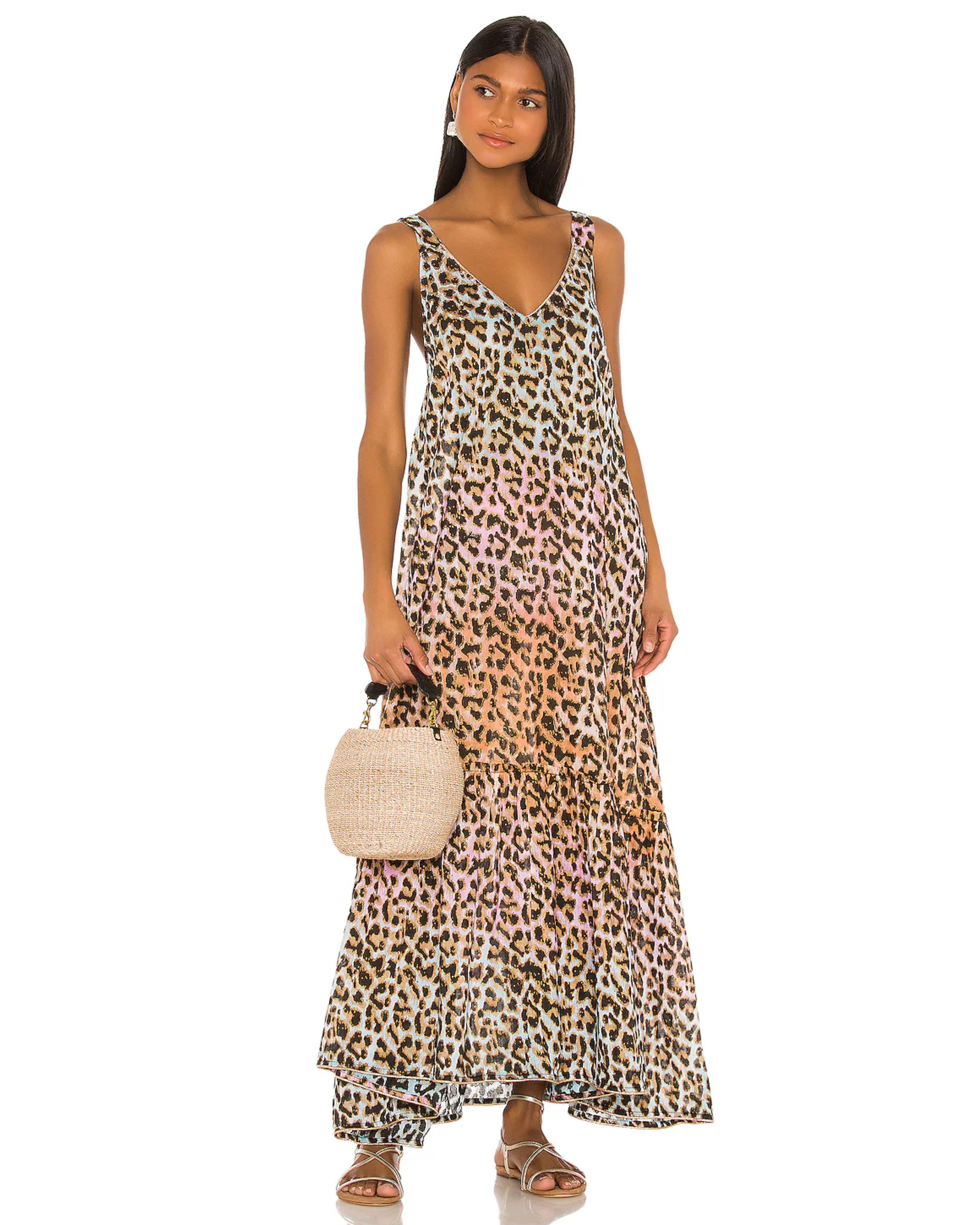 Tie Dye Leopard Print Maxi Dress in cream and brown tones with V-neckline — Juliet Dunn | Endless UAE