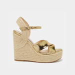 Gold metallic crisscross espadrille wedge sandals with ankle strap and woven jute platform heel — Jimmy Choo | Endless UAE