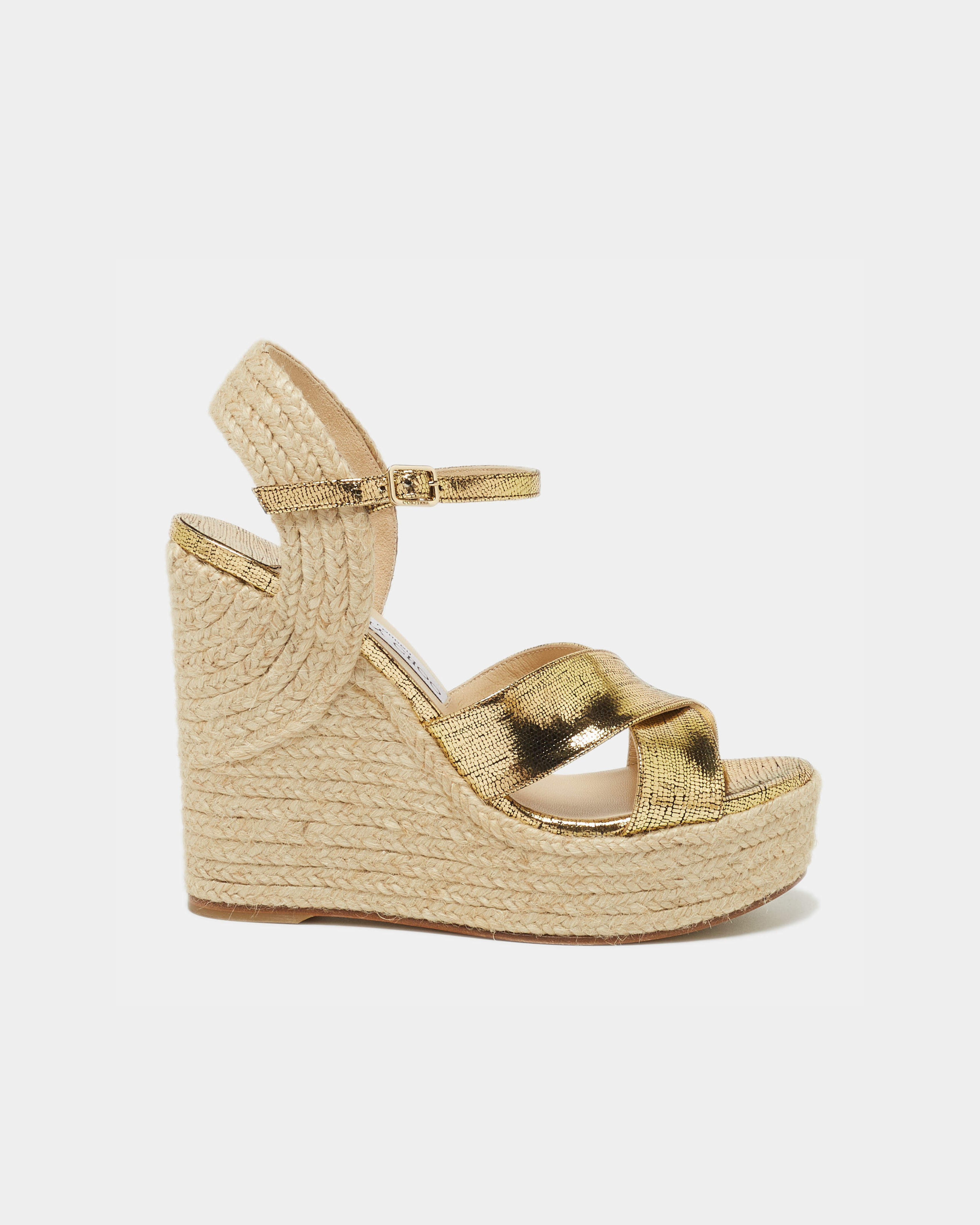 Gold metallic crisscross espadrille wedge sandals with ankle strap and woven jute platform heel — Jimmy Choo | Endless UAE